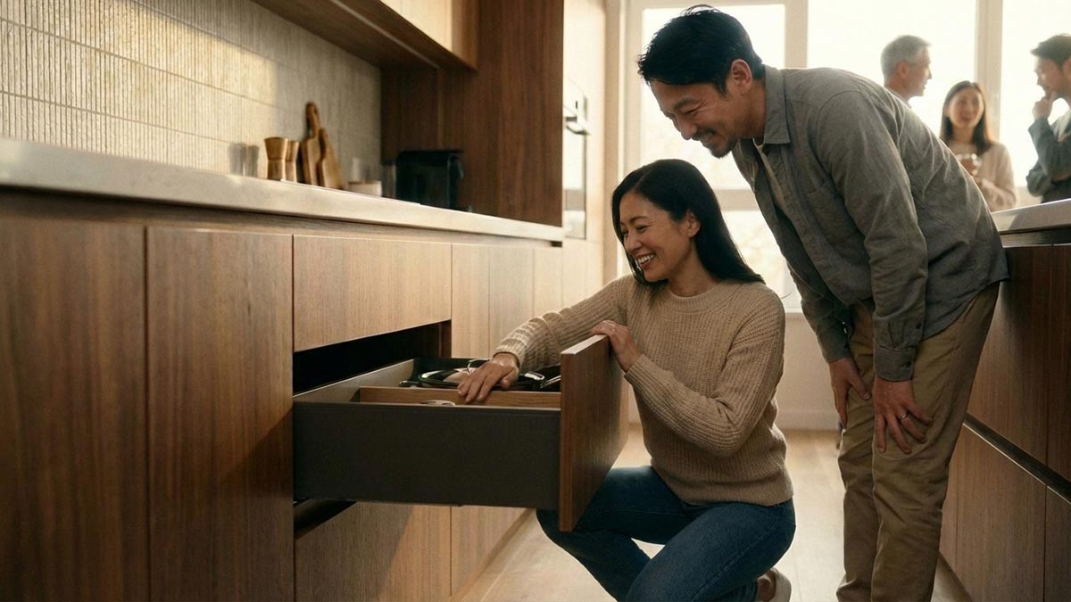 リノベーションされたキッチンの素材や収納の使い勝手を自由にチェックしている来場者