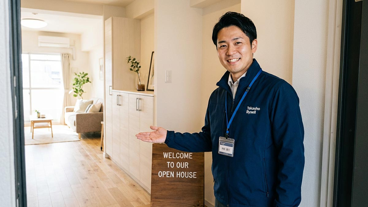 高翔バイセルのスタッフが、オープンルームの入り口で笑顔でお客様を迎えている様子