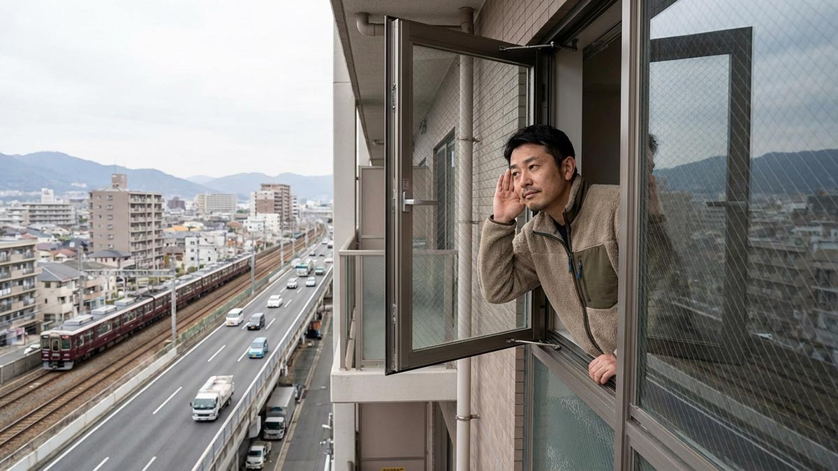 マンションの窓を開けて、外の騒音や匂いを確認している様子。国道2号線や線路が遠くに見える