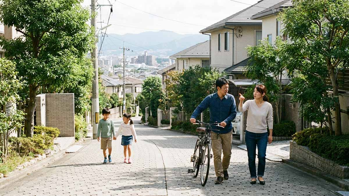 山手エリアの坂道を実際に歩いて確認している家族。電動自転車の必要性を相談している