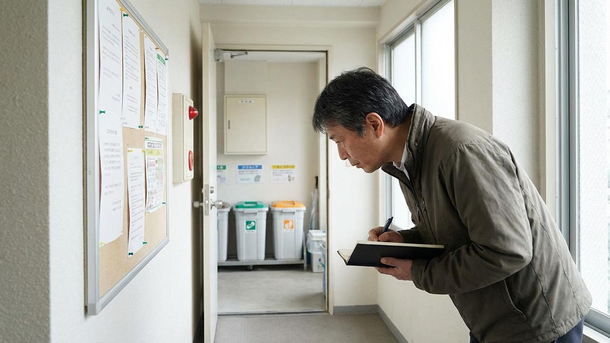 マンションの掲示板やゴミ置き場を細かくチェックし、管理状態を確認する購入検討者