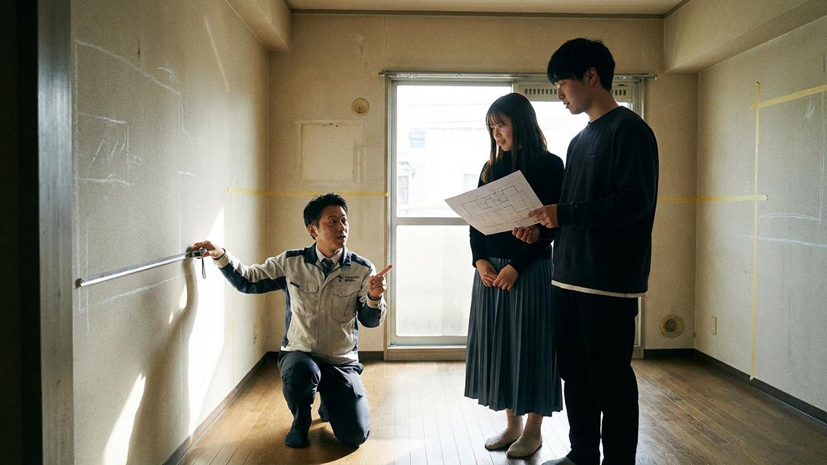 リノベーションの可否について、高翔バイセルのスタッフがメジャーを当てながら具体的な提案をしている様子