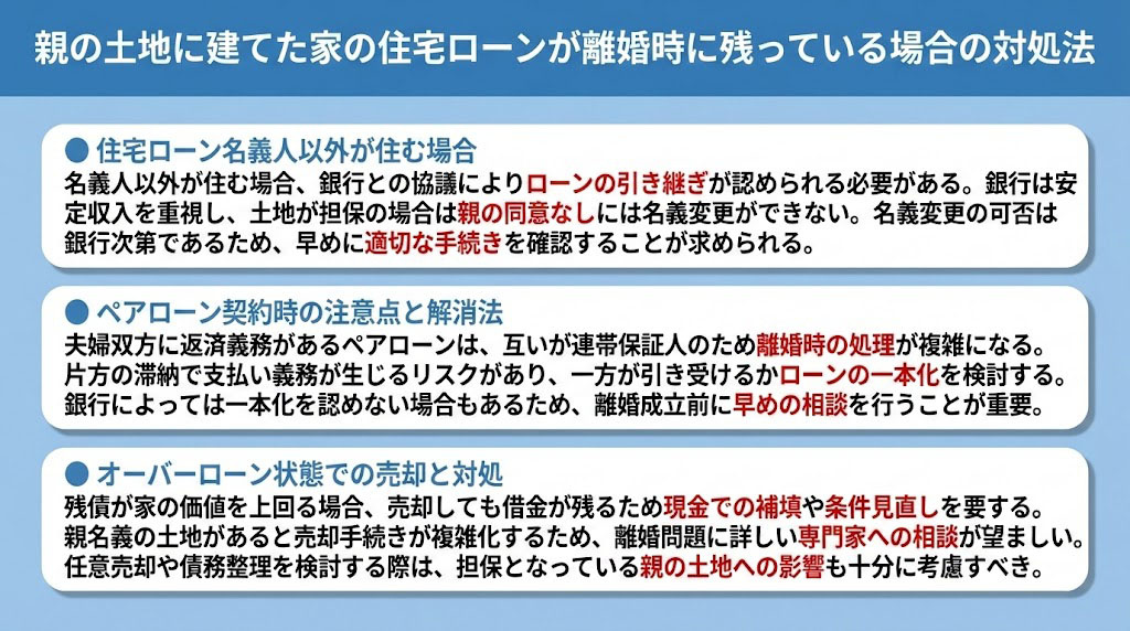 親の土地に建てた家の住宅ローンが離婚時に残っている場合の対処法