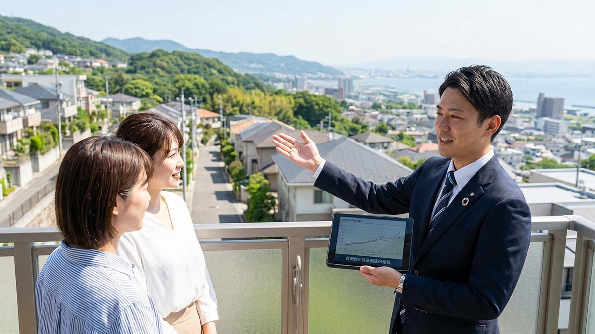 芦屋の街並みを背景に、長期的な視点で資産価値の維持について語る高翔バイセルのコンサルタント