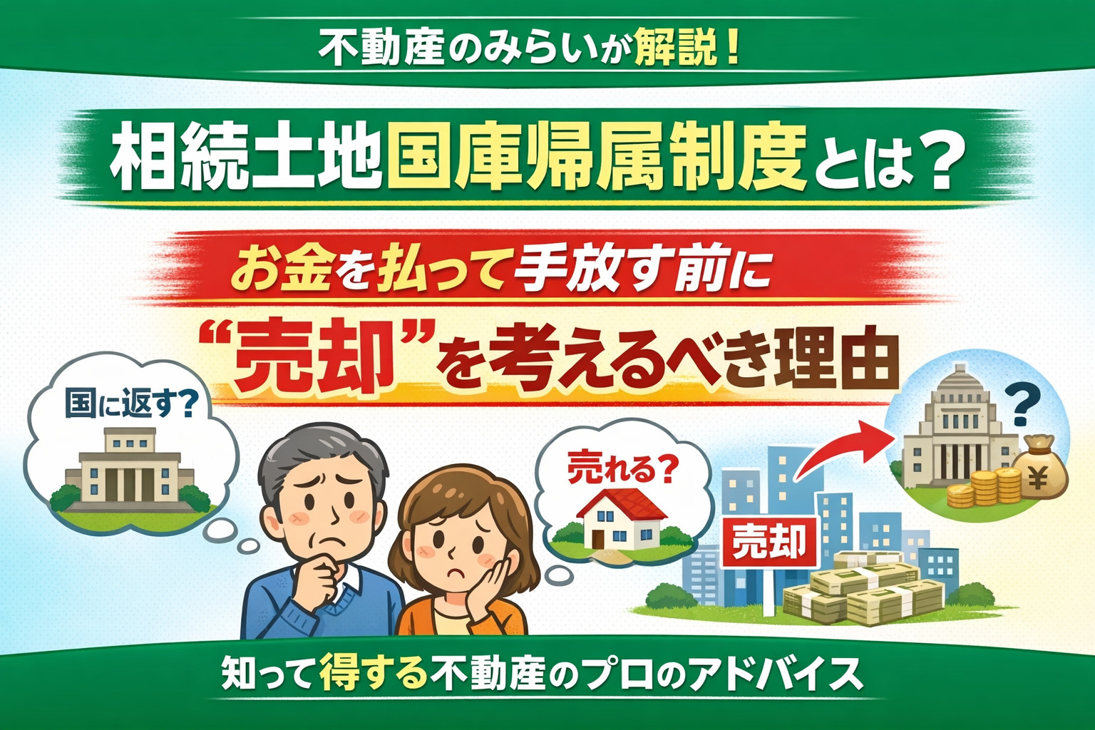 相続土地国庫帰属制度の仕組みと、売却と比較して検討すべきポイントを解説する不動産のみらいのブログ記事アイキャッチ