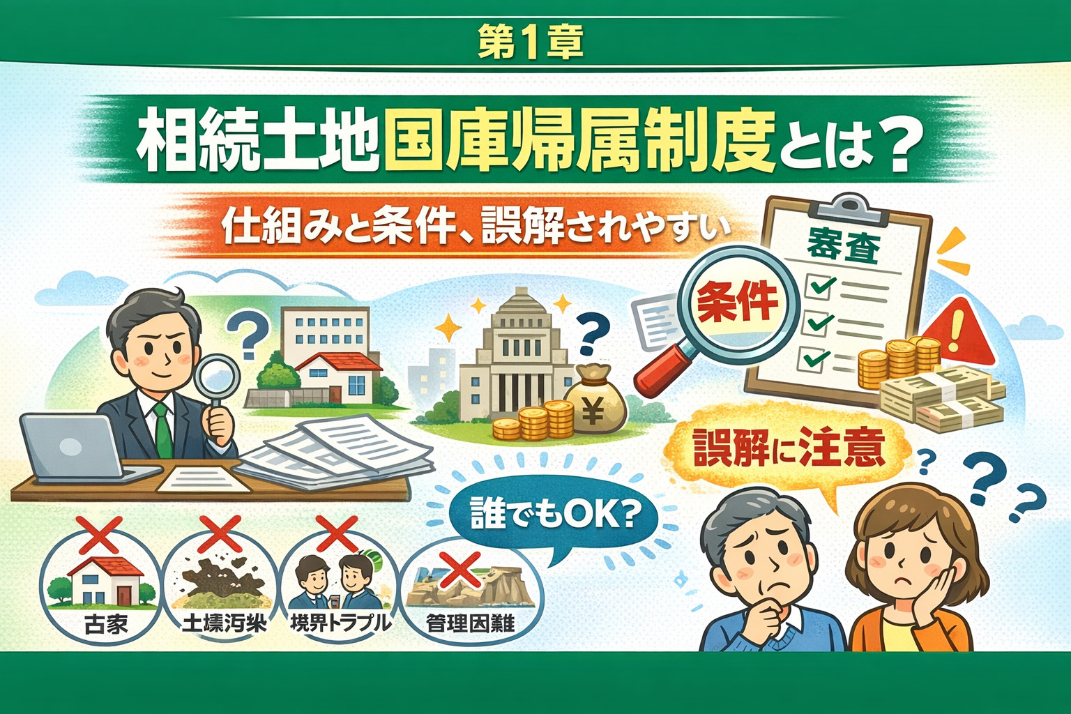 相続土地国庫帰属制度の仕組みや条件、注意点を分かりやすく解説するイメージ