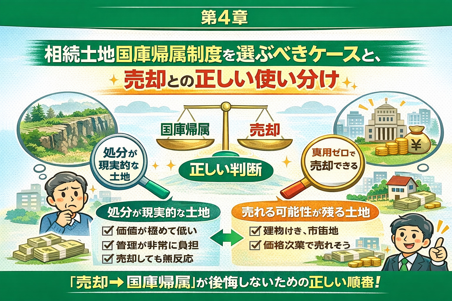 相続土地国庫帰属制度と売却のどちらを選ぶべきか判断するための比較イメージ