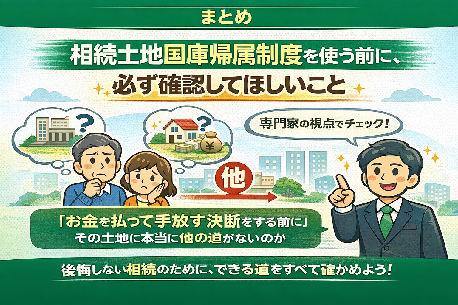 相続土地国庫帰属制度を利用する前に売却の可能性を確認する重要性を伝えるまとめイメージ