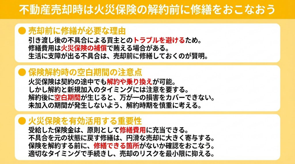 不動産売却時は火災保険の解約前に修繕をおこなおう