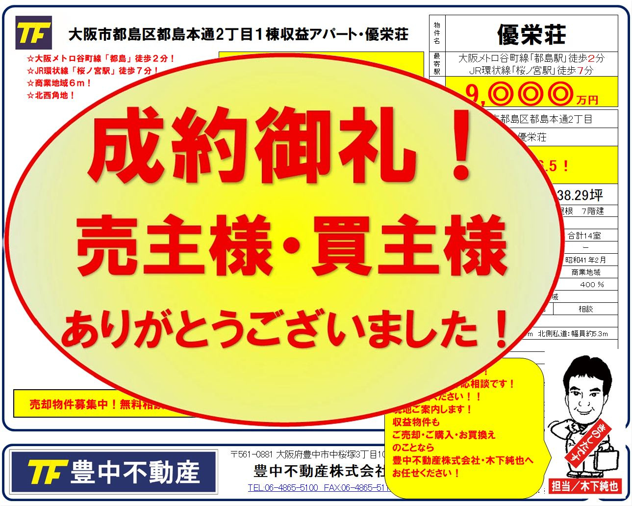 成約御礼‼　大阪市都島区都島本通2丁目１棟収益アパート！　売主様・買主様ありがとうございました！の画像