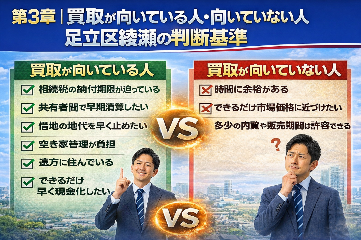 足立区綾瀬で相続不動産買取の判断基準イメージ