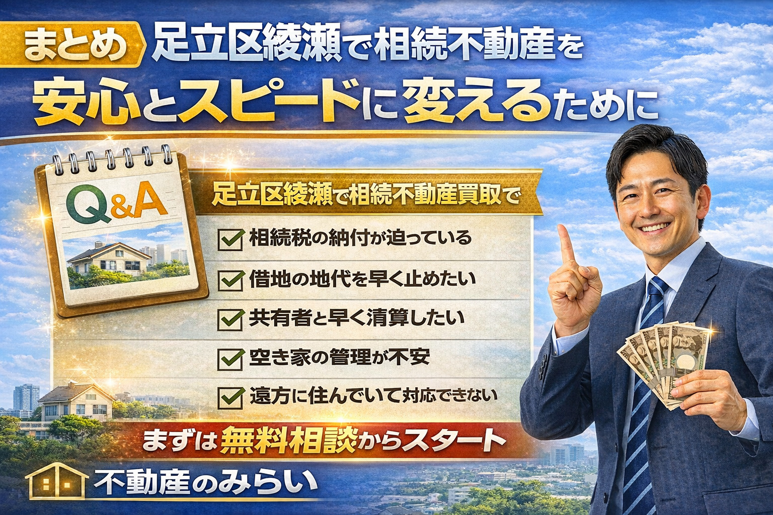 足立区綾瀬で相続不動産を即現金化するまとめイメージ