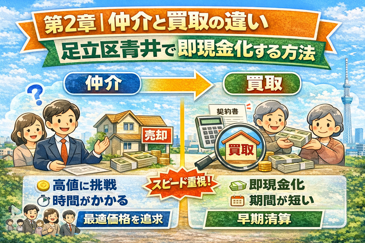 足立区青井で仲介と買取を比較する図解