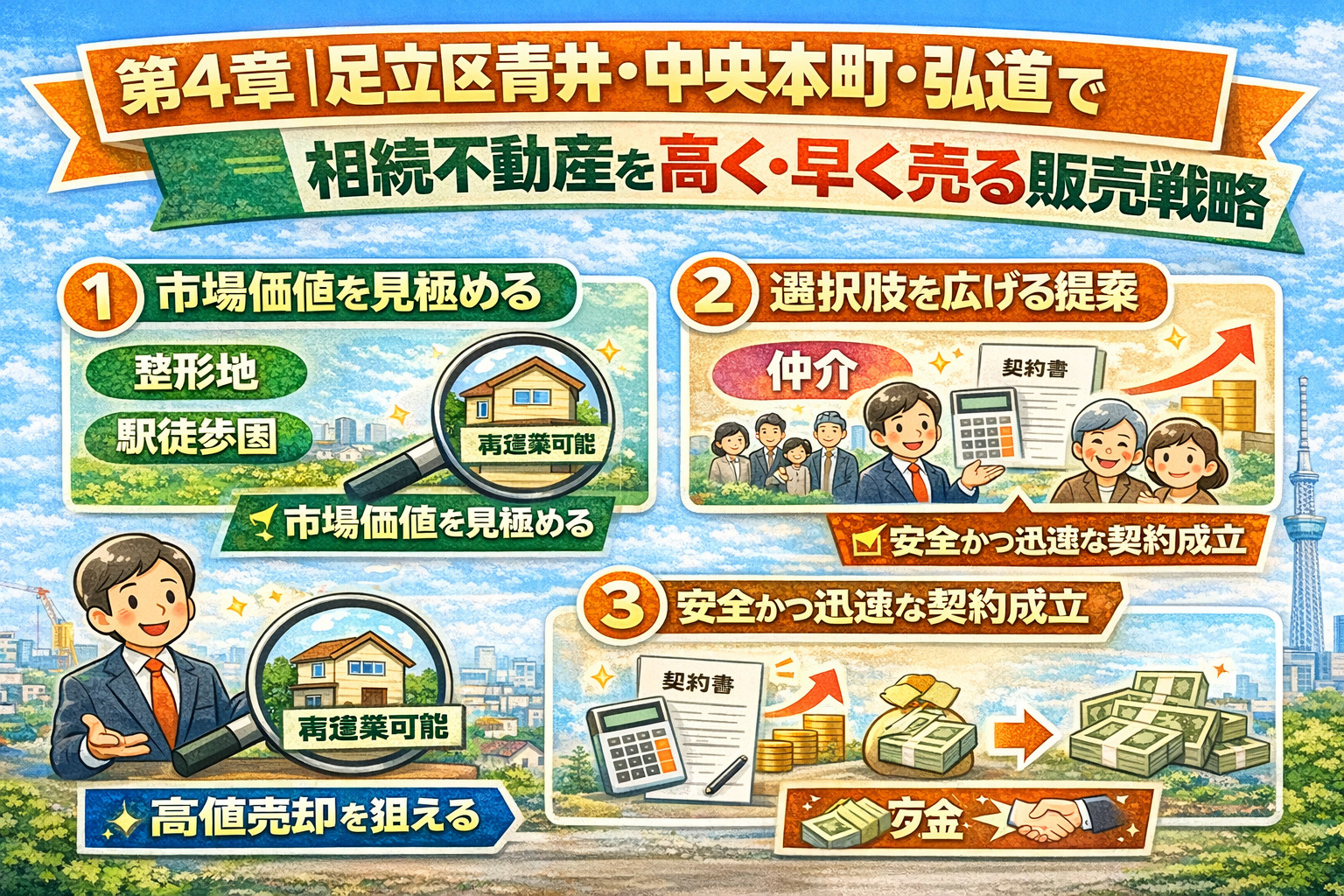 足立区青井で相続不動産を高く早く売る販売戦略図