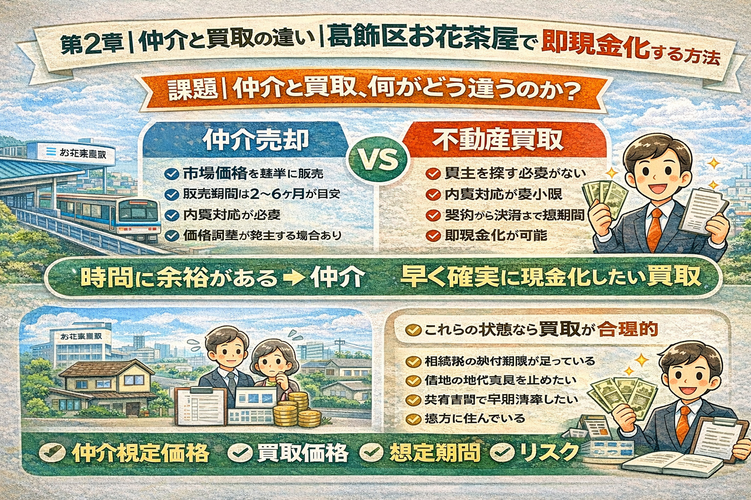 葛飾区お花茶屋で仲介と買取を比較する図