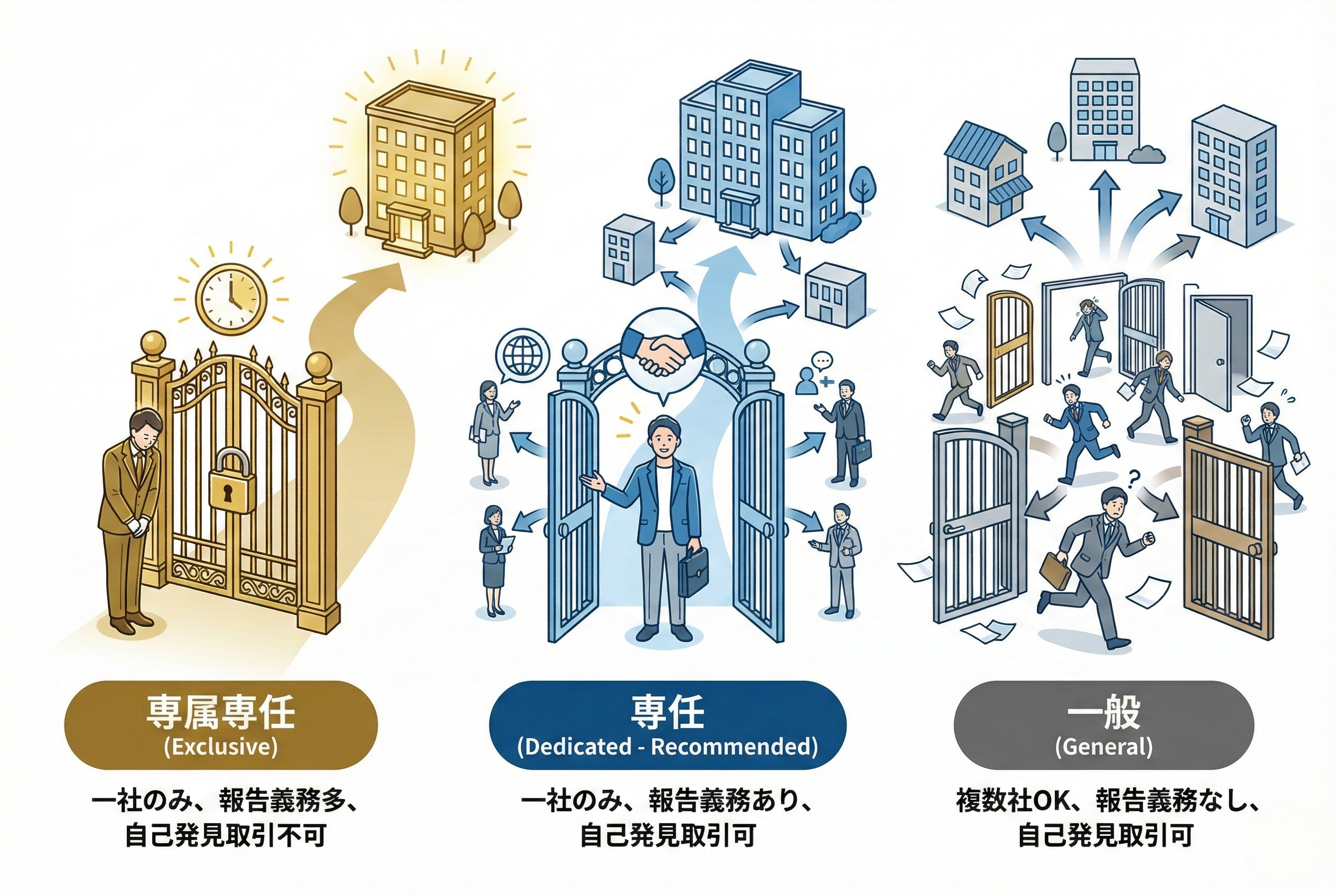 3つの媒介契約（専属専任・専任・一般）の比較イラスト