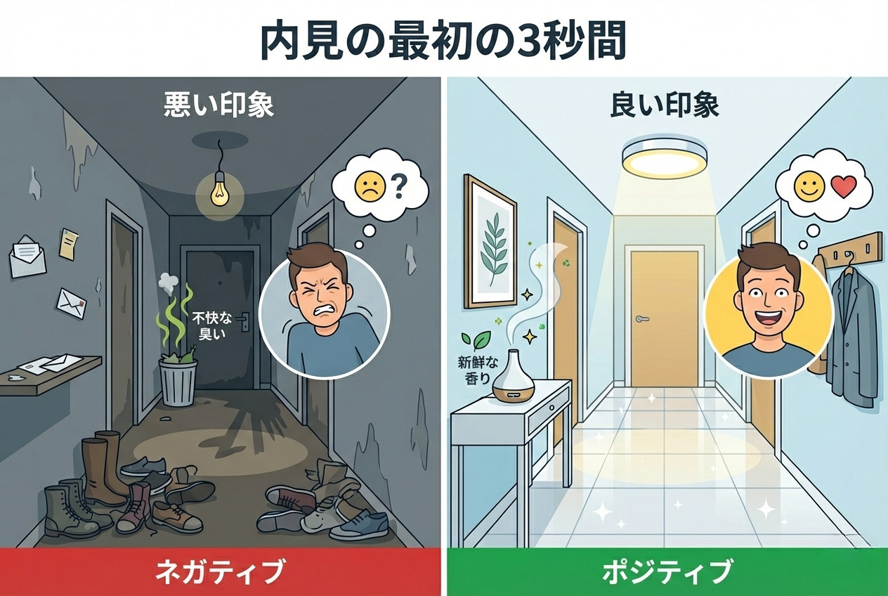 内覧の第一印象（良い例と悪い例）の比較イラスト