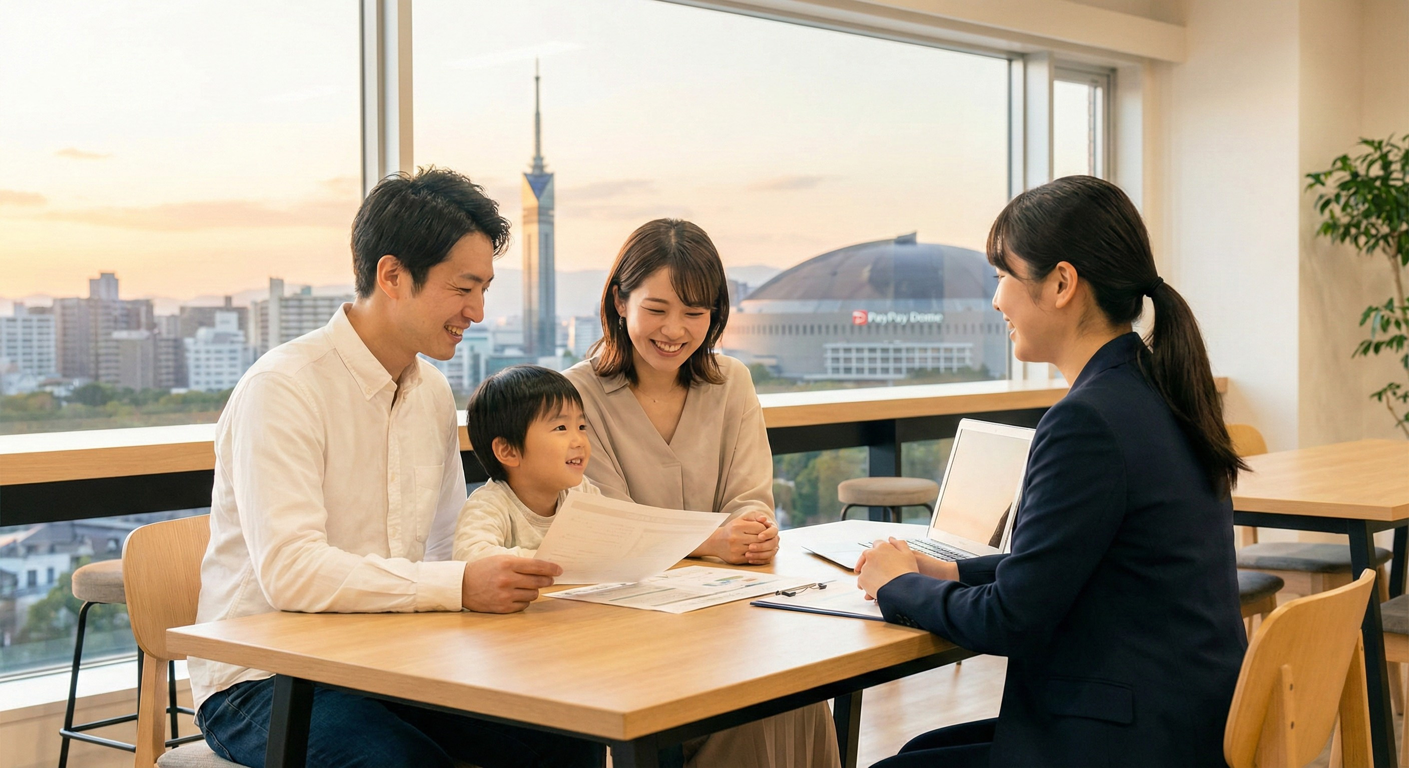 家族とファイナンシャルプランナーが笑顔で資金計画を立てているイラスト