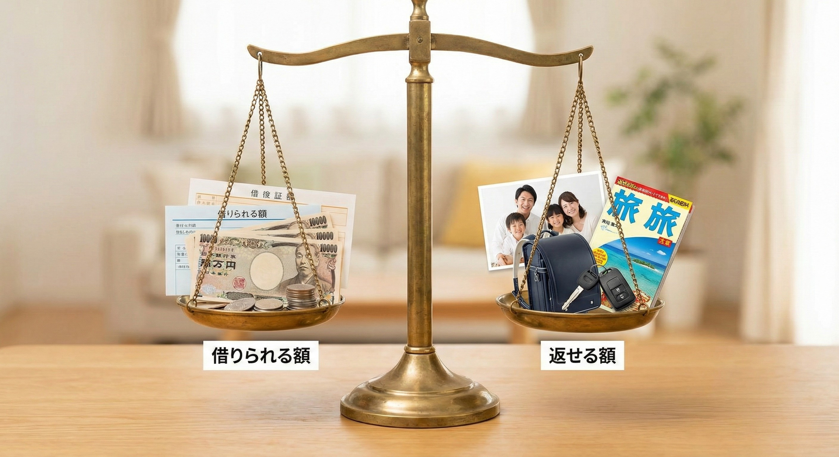 借りられる額（大きな袋）と返せる額（小さな財布と将来の出費）のバランスを示す天秤の図解イラスト