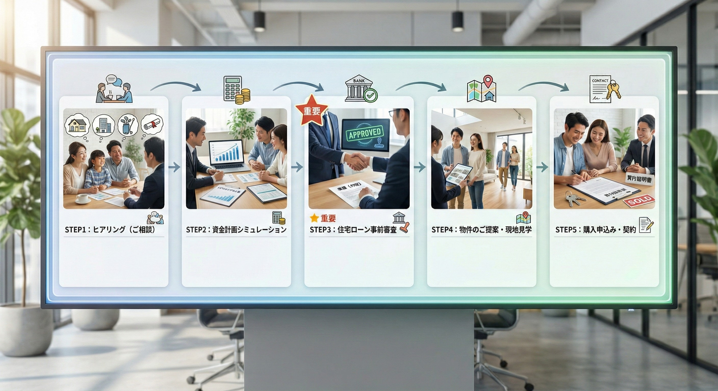 相談から契約までの5つのステップを示すロードマップのイラスト