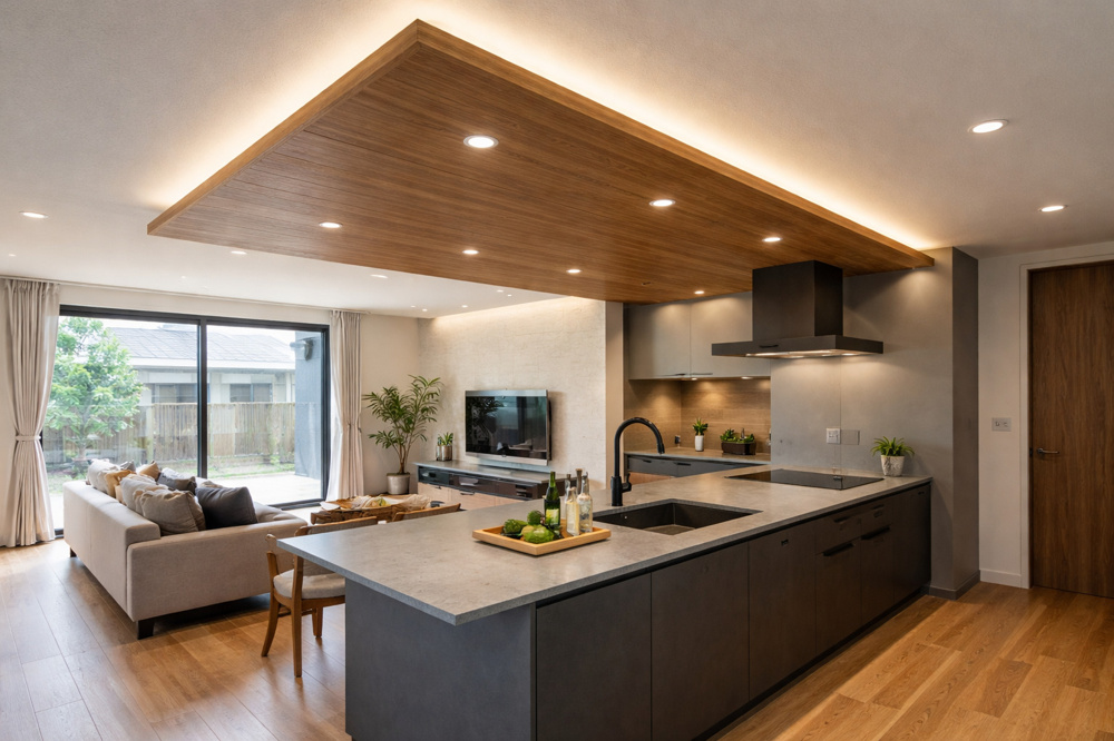 注文住宅で人気のフルフラットキッチン×折下げ天井の画像