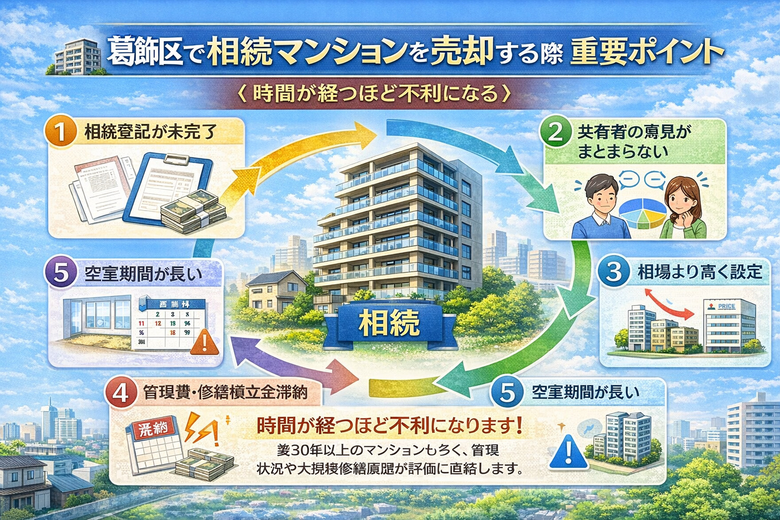 葛飾区で相続したマンションを売却する流れと注意点の解説図