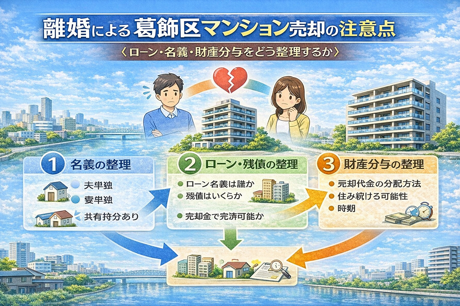 葛飾区マンションを離婚で売却する際の名義・ローン・財産分与の整理図