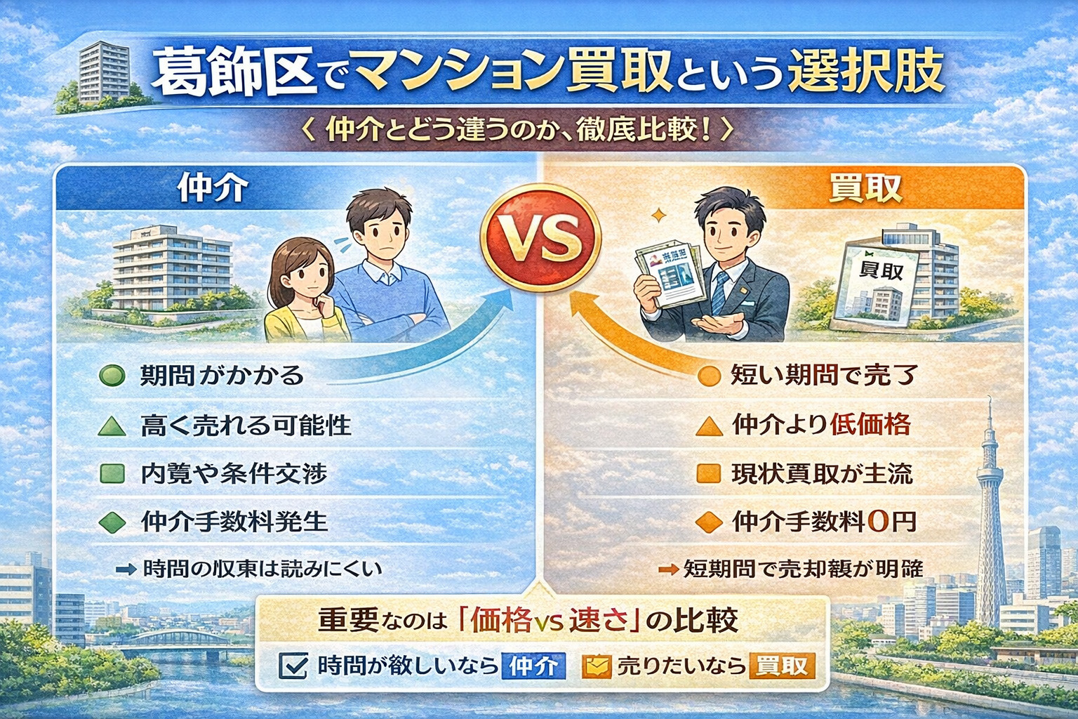 葛飾区マンション売却における仲介と買取の違いを比較した図解