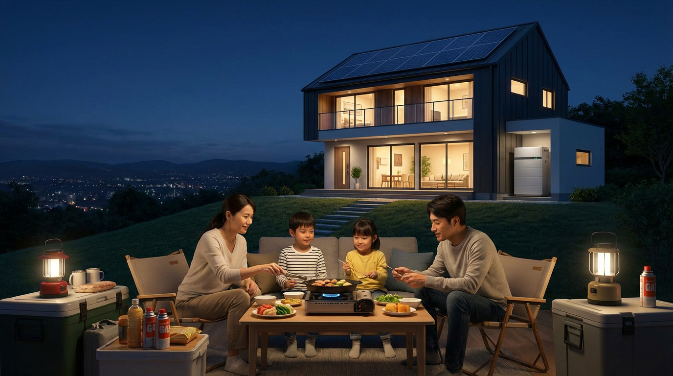 停電時でも太陽光発電と蓄電池で電気が使える家のイメージと、カセットコンロで調理する様子