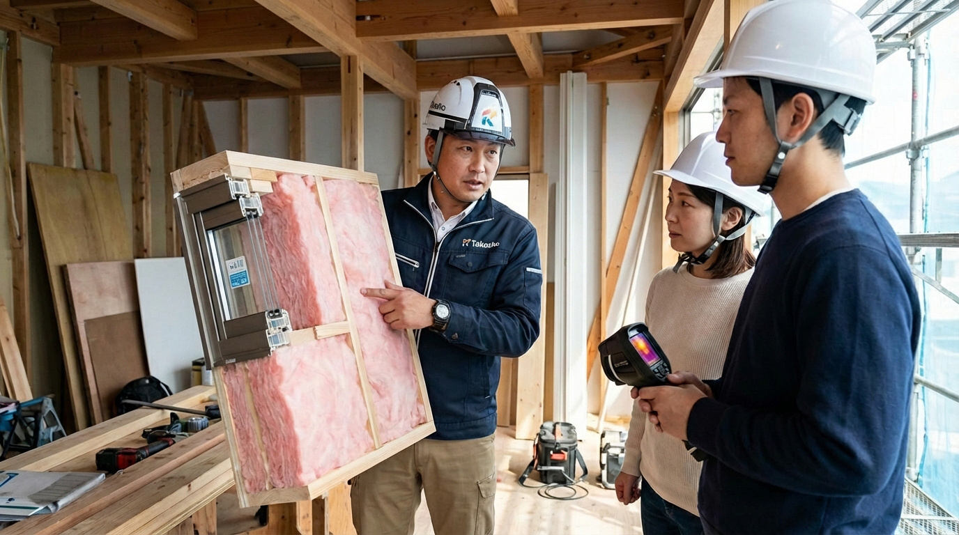 高翔のスタッフが、リノベーション現場で断熱材の厚みや窓の性能について説明している様子