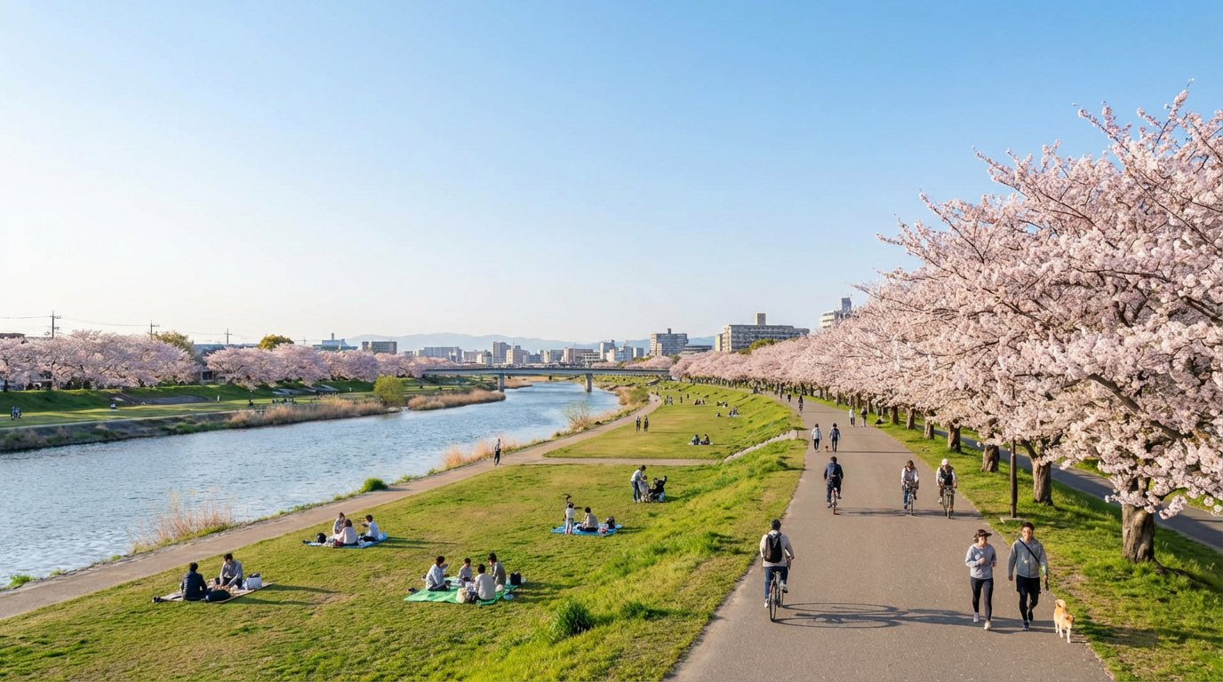 武庫川の河川敷で、サイクリングやピクニックを楽しむ人々の穏やかな風景
