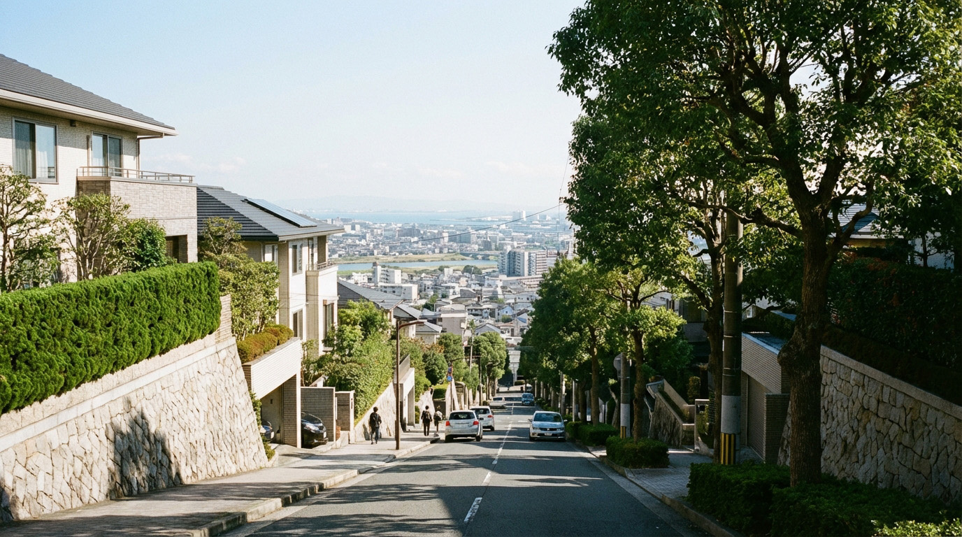 甲東園の山手エリアから見下ろす西宮市街の眺望。坂道と美しい住宅街のコントラスト