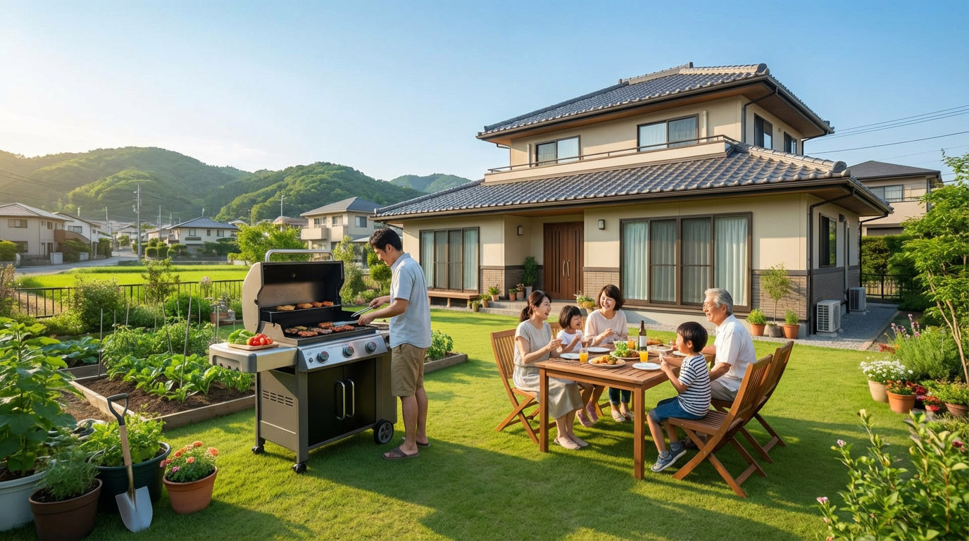 上ヶ原の住宅街にある、広い芝生の庭でバーベキューやガーデニングを楽しむ家族の様子