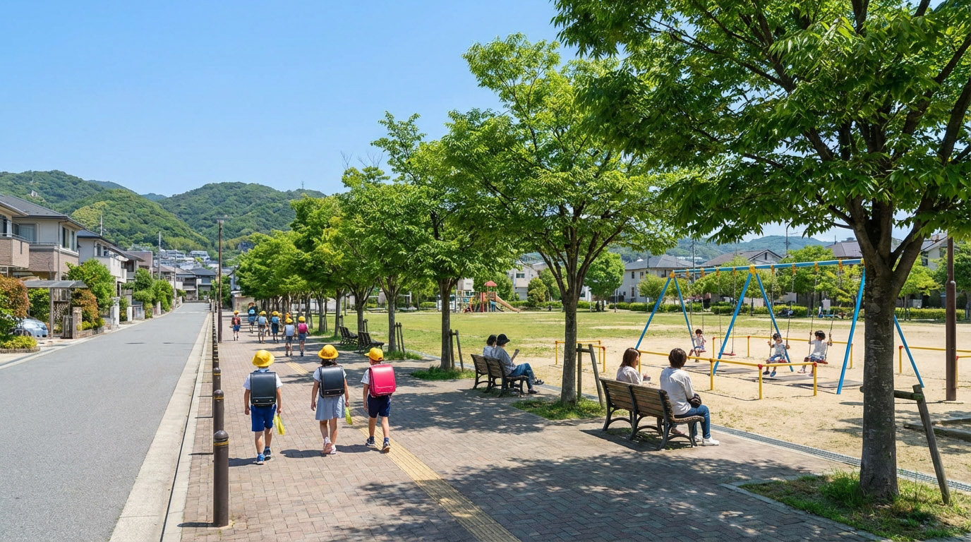 上ヶ原エリアの通学路、緑の多い公園で遊ぶ小学生たちと見守る保護者