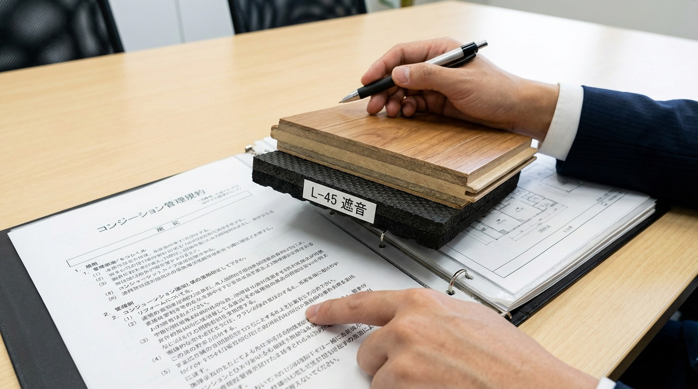 遮音等級L-45のフローリング材の断面サンプルと、管理規約を確認するスタッフの手元
