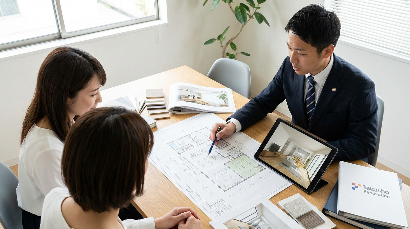 リビングと和室を一体化したリノベーションプランの図面と、開放的なイメージパース