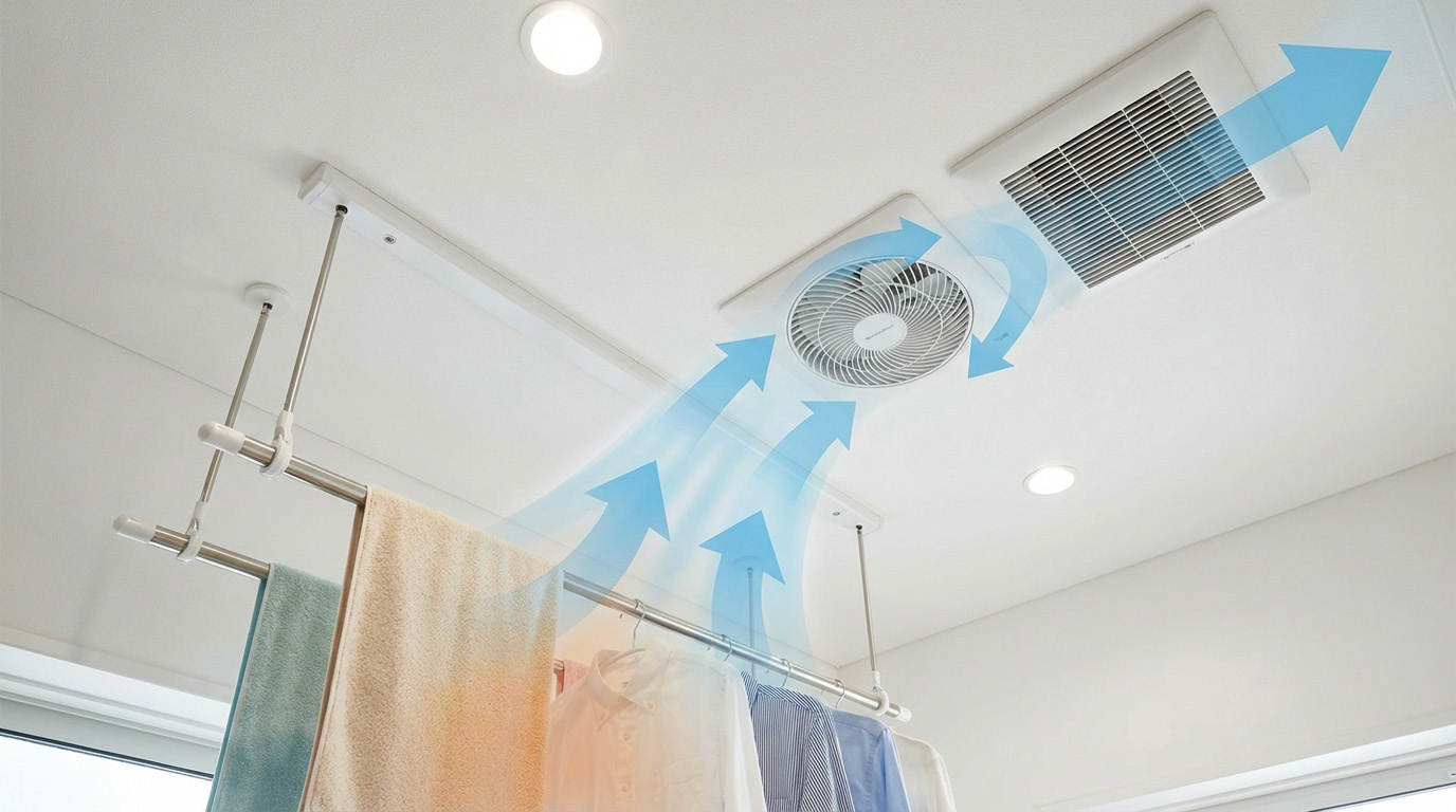 ランドリールームの天井に設置された室内物干しユニットと、湿気を逃がすためのサーキュレーターや換気扇の配置図