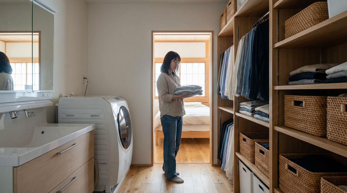 洗面所と寝室の両方からアクセスできるウォークスルー型のファミリークローゼットの事例写真