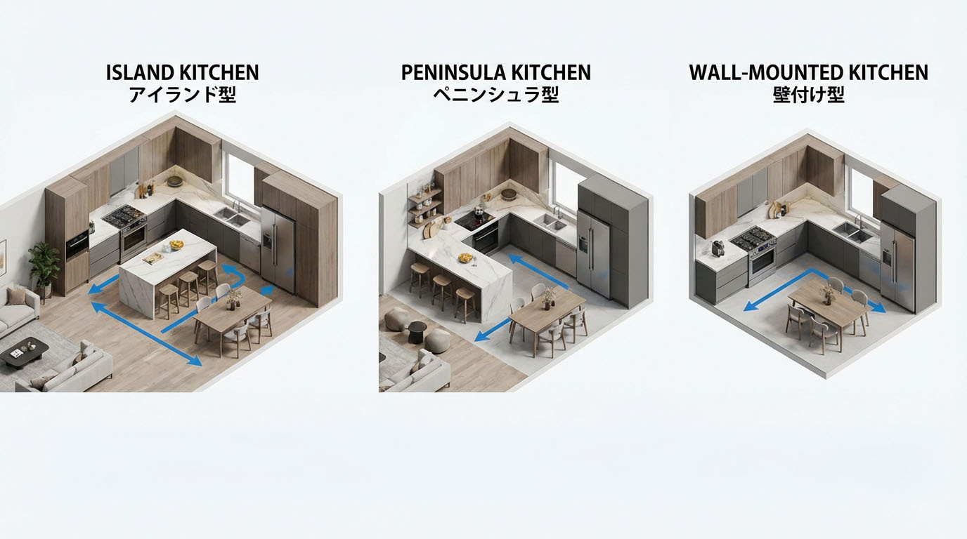 アイランド型、ペニンシュラ型、壁付け型のキッチンレイアウトを比較した分かりやすいイラスト