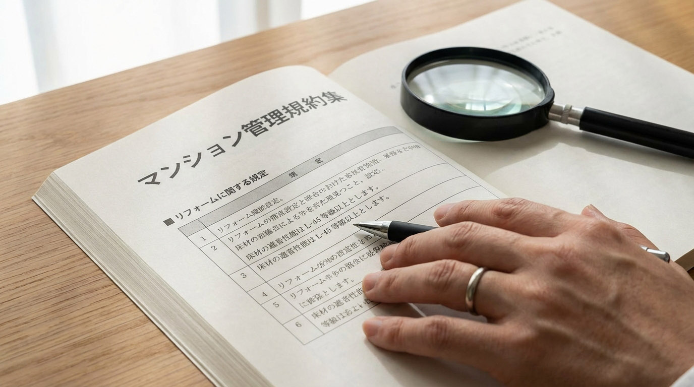 マンションの管理規約集を開き、床材の遮音規定が書かれているページを確認している様子