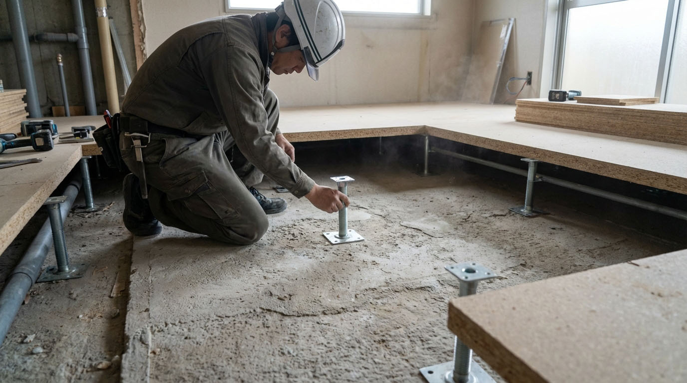 マンションのコンクリートスラブの上に支持脚を立てて二重床の下地を作っている工事現場の様子