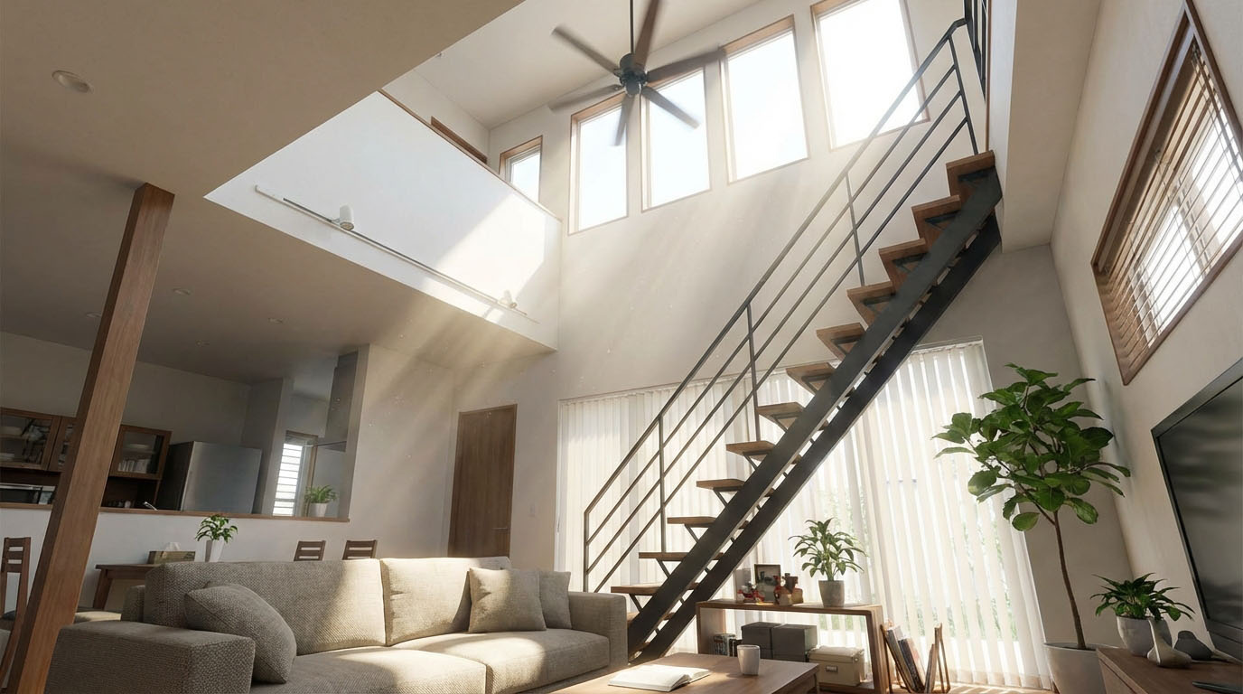 吹き抜けのある明るいリビング、上部からの光が差し込み、家族の気配を感じられる空間