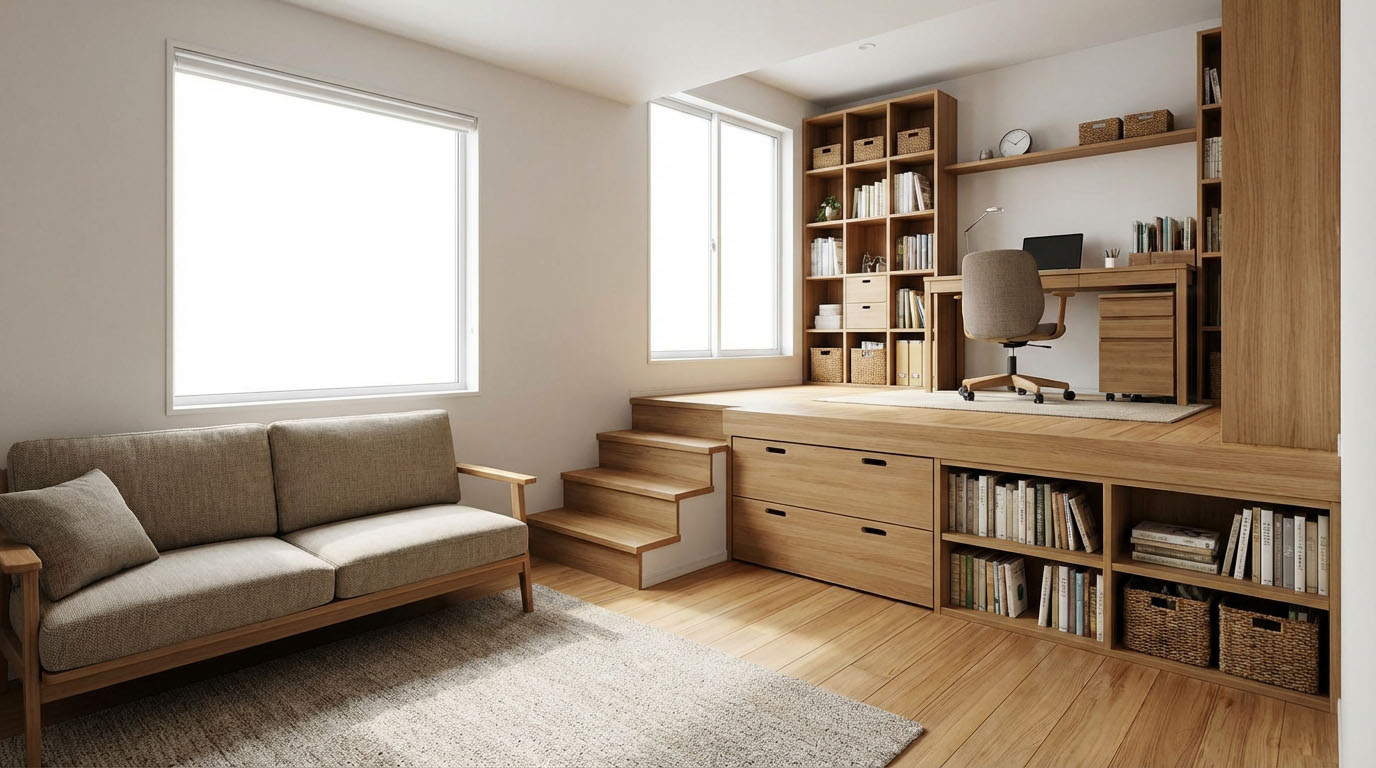 スキップフロアを活用したリビングとスタディスペース、段差を利用した収納のイメージ