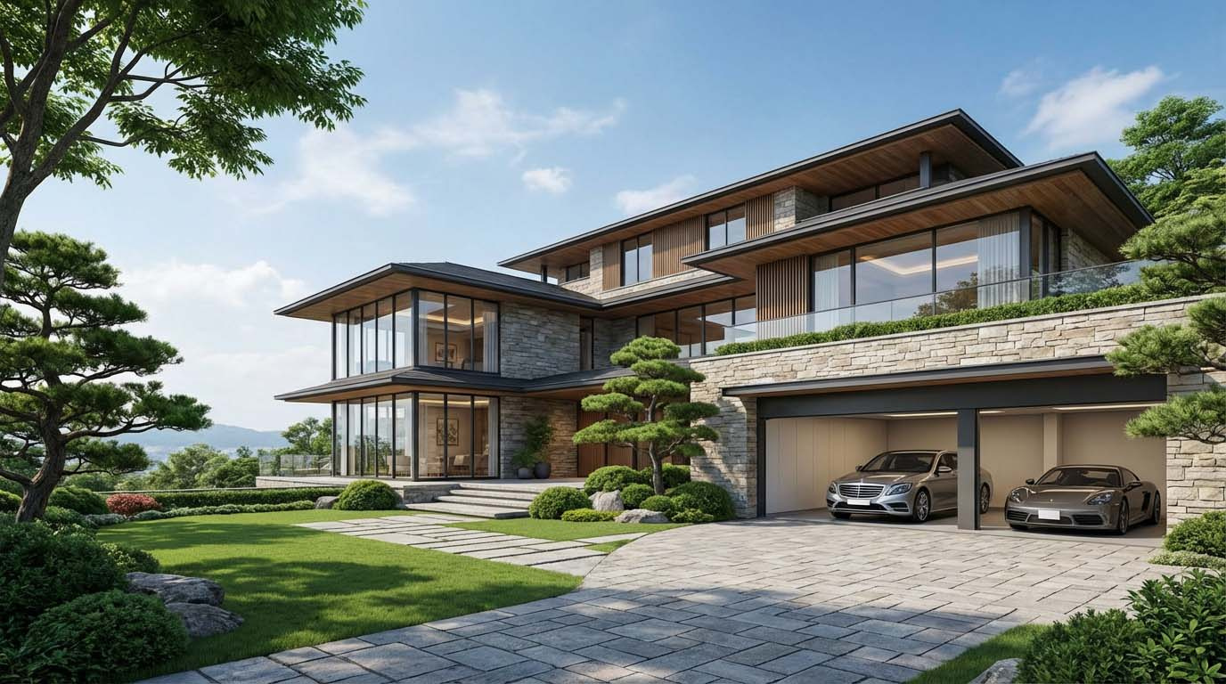 芦屋の山手に建つ高級邸宅、広々とした庭とガレージがあり、資産価値の高さを感じさせる外観