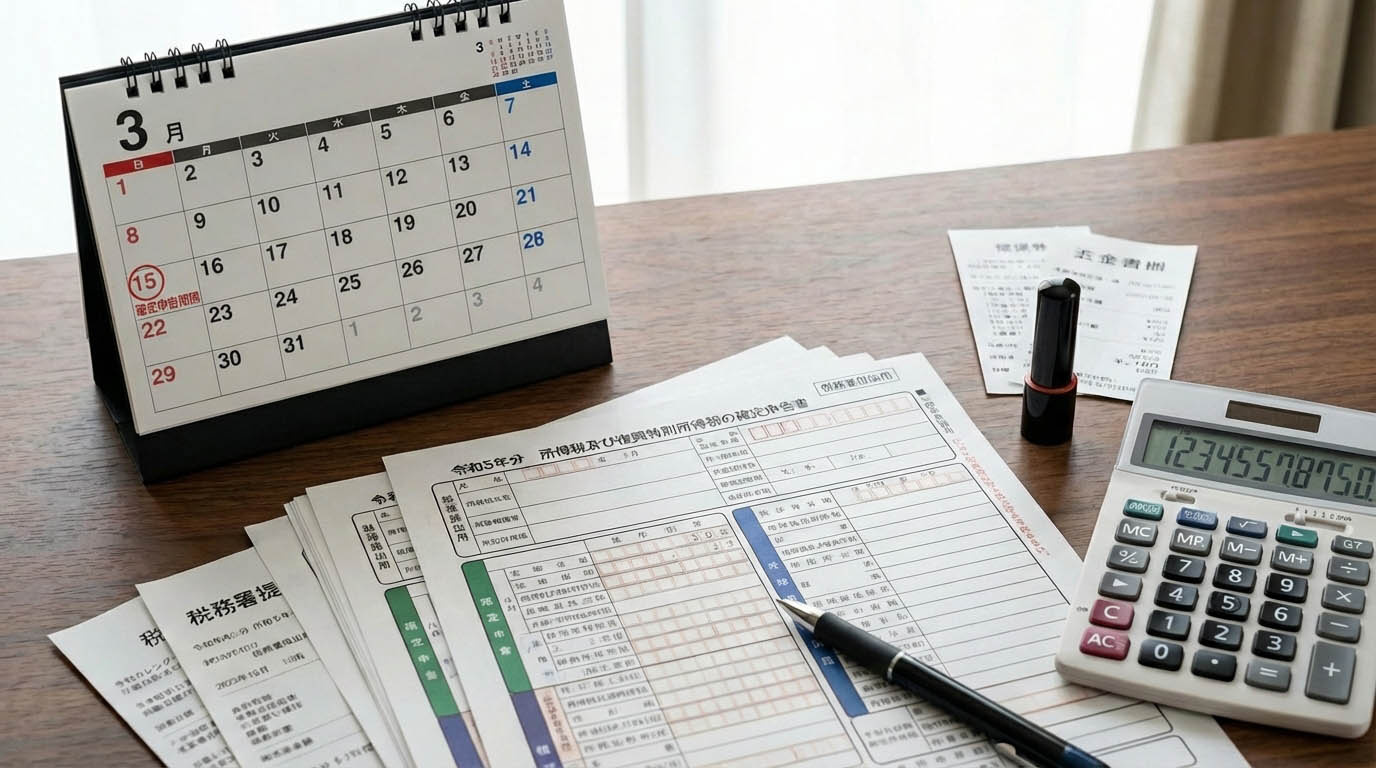 確定申告の時期（3月15日）を意識したカレンダーと、税務署に提出する書類のイメージ