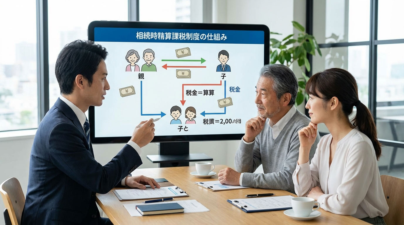 ファイナンシャルプランナーが親子に対して、相続時精算課税制度の仕組みを図解で説明している様子