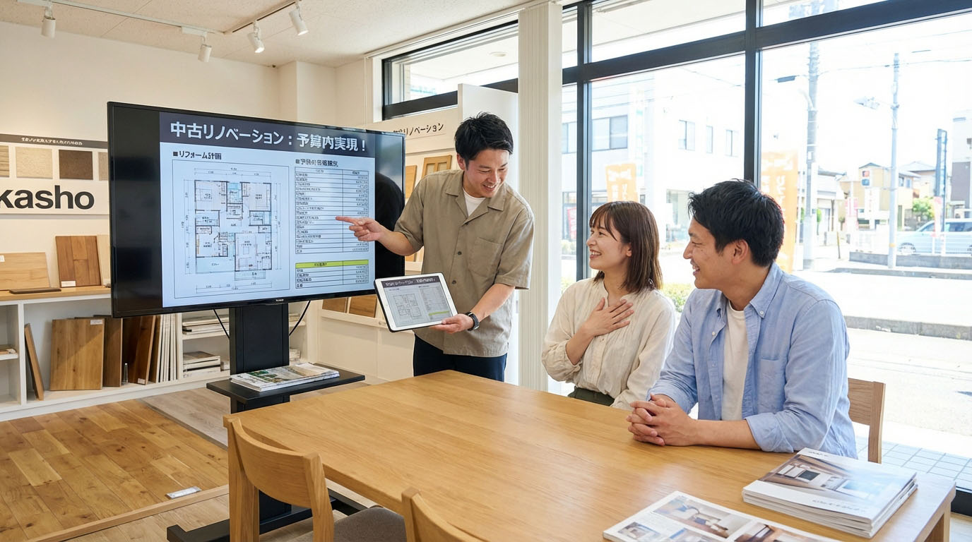 中古物件のリノベーションプランを見ながら、予算内で理想の住まいが叶うことを知り安心する夫婦