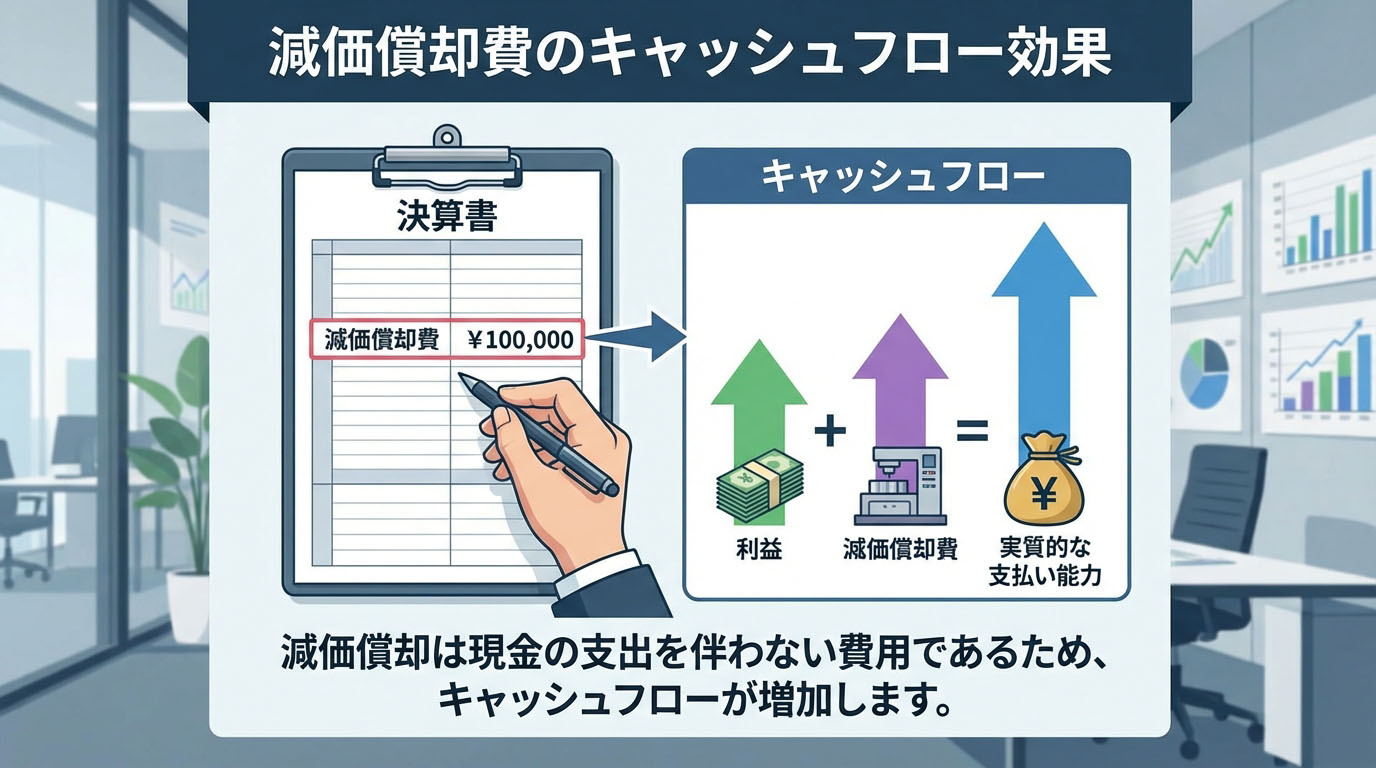 決算書を見ながら、減価償却費がキャッシュフローにどうプラスに働くかを説明する図