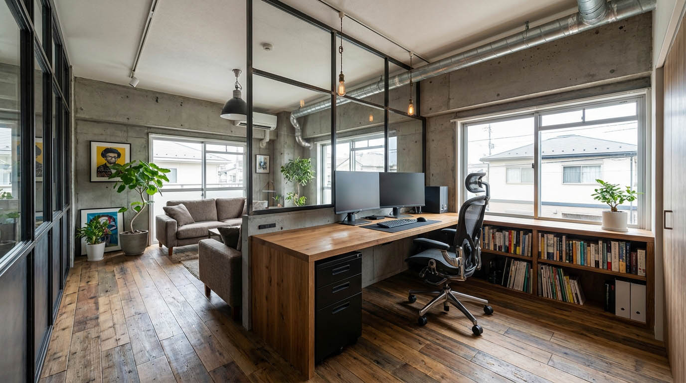 予算内で購入した中古マンションを、自分好みのオフィス兼自宅にリノベーションした事例写真