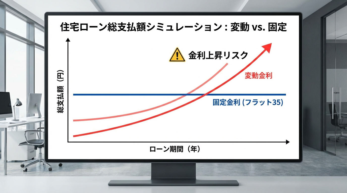 変動金利と固定金利の総支払額シミュレーションを比較したグラフ